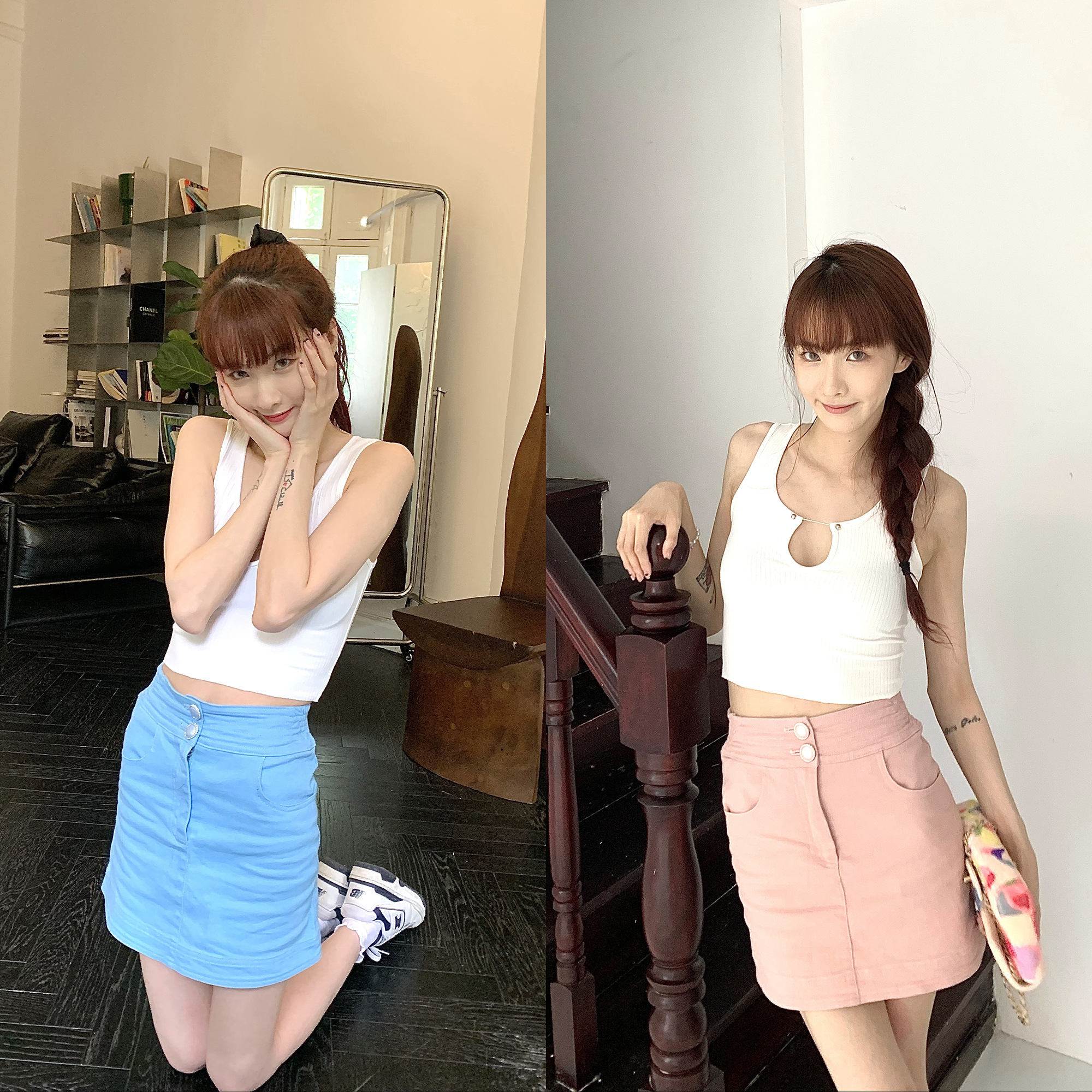 牛仔半裙高腰直筒蓝粉