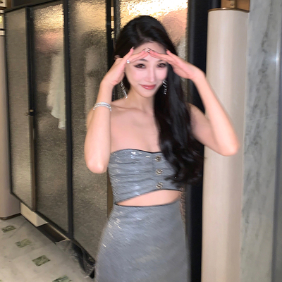 Boamarket 亮片抹胸连衣裙女2024新款气质主持高级宴会设计感裙子