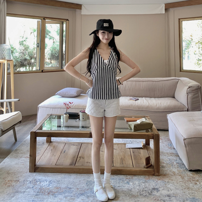 Boamarket 菱格纹白色短裤休闲宽松时尚轻薄透气弹力休闲裤热裤