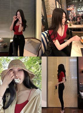 Boamarket红色垫肩tee恤吊带女夏季2024新款内搭外穿修身短款上衣