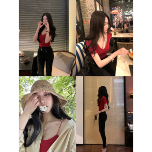 短款 内搭外穿修身 上衣 2024新款 Boamarket红色垫肩tee恤吊带女夏季