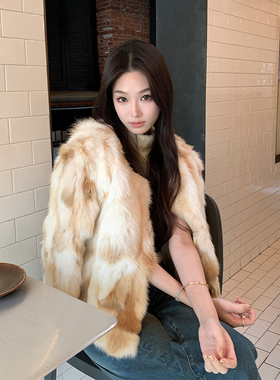 Boamarket 焦糖奶兔 100%兔毛皮草女冬季软糯蓬松小短款毛毛外套