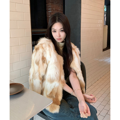 Boamarket 焦糖奶兔 100%兔毛皮草女冬季软糯蓬松小短款毛毛外套