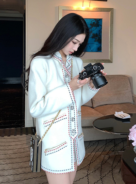 Boamarket 小香白色外套女简约大气经典款复古名媛毛呢中长大衣