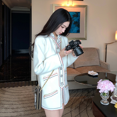 Boamarket 小香白色外套女简约大气经典款复古名媛毛呢中长大衣