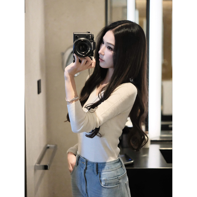 Boamarket 白色打底衫 圆领和v领女秋冬新款修身显瘦内搭针织上衣