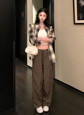 Boamarket ch军绿色跳伞工装休闲裤女秋季新款复古宽松时尚裤子