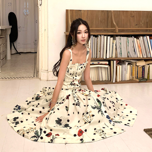 大摆小众设计感吊带裙子 新款 Boamarket 波点花朵压褶连衣裙女夏季