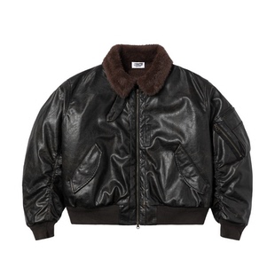 mocuishle（MCSL）「黑色柳丁」PU皮飞行员夹克擦脏棉服外套