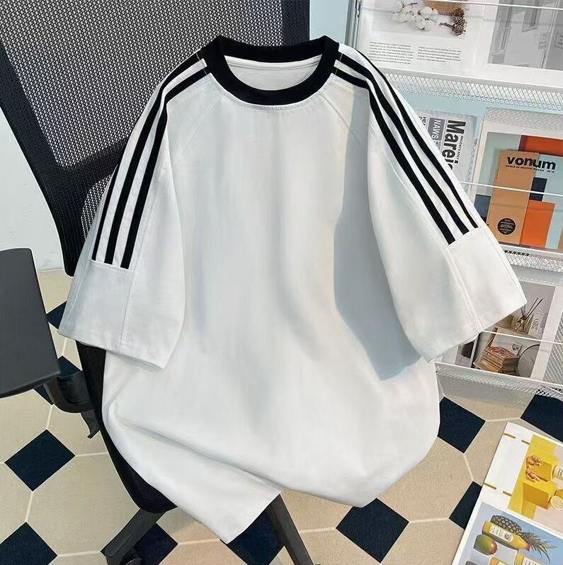 三条杠纯色短袖男女同款夏季2026新款纯棉宽松潮牌港风半袖t恤衫