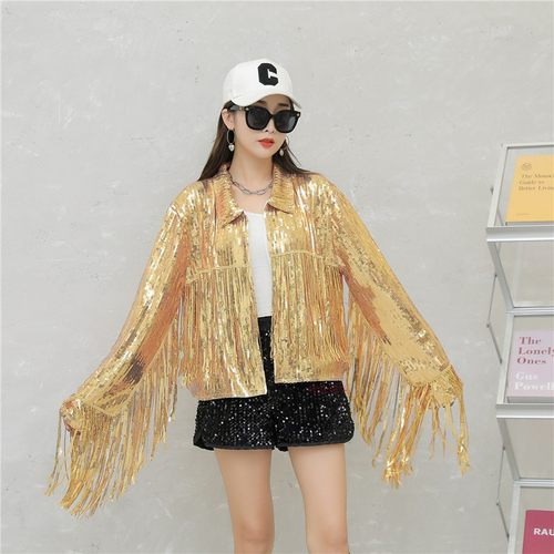 流苏外套女主播跳舞台表演出服春秋bling不灵不灵闪闪的亮片上衣