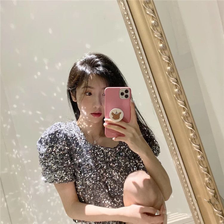 夏季性感新款亮片闪闪方领泡泡袖上衣短款网红短袖T恤女时尚休闲