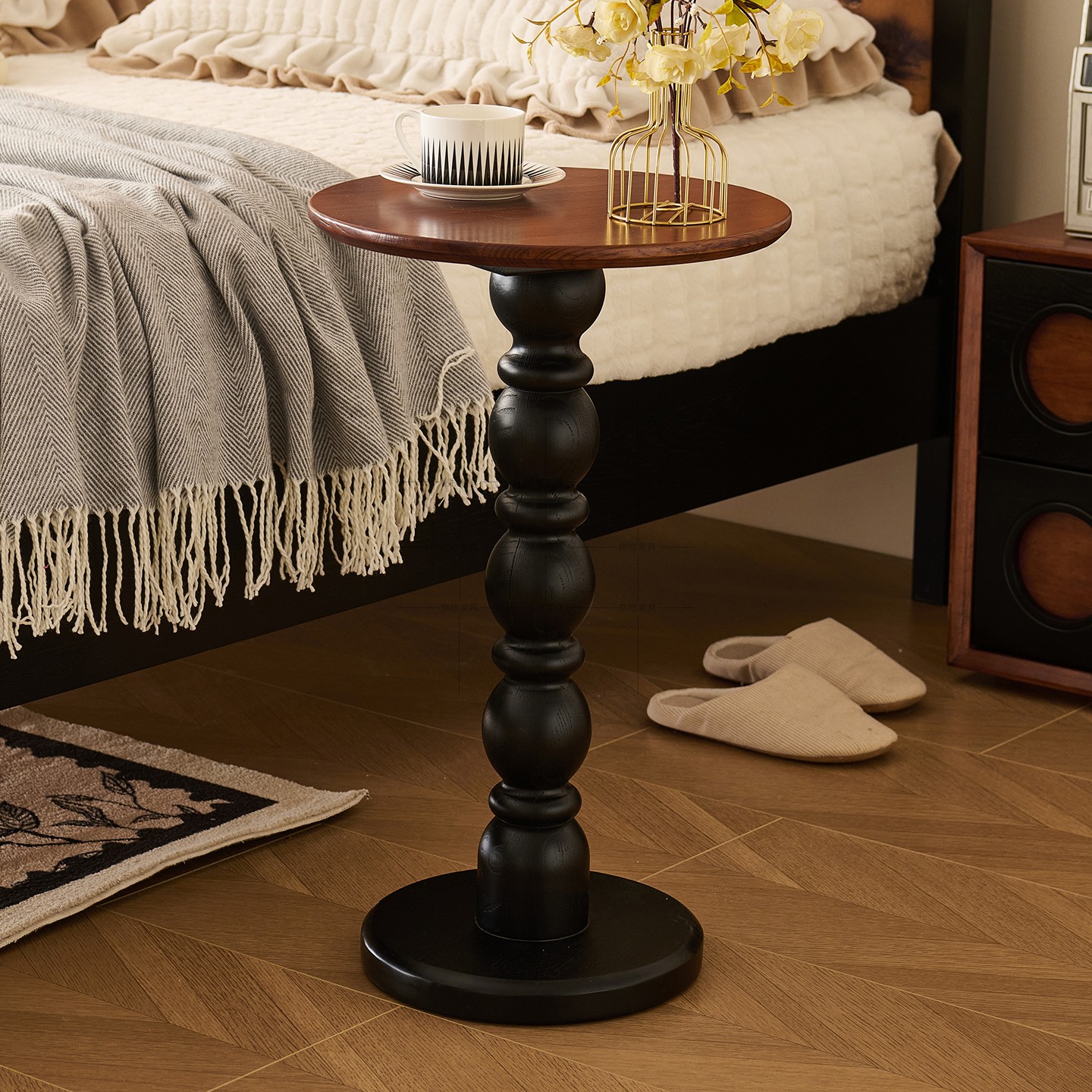 法式复古全实木边几中古风茶几小户型简约客厅小型圆形可拉角几