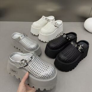 2299 欧货大头编织复古金属厚底松糕走秀款 小个子7cm包头半拖鞋