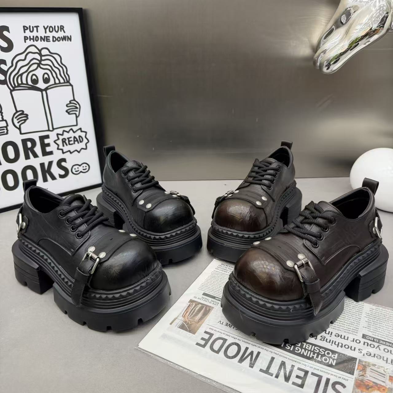 英伦风时尚厚底德比鞋女系带皮带扣松糕鞋增高休闲鞋