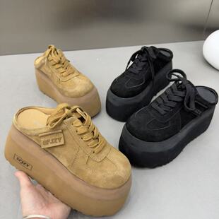 系带8cm小个子女9189 糖果色磨砂皮厚底松糕包头拖鞋 2026年新款