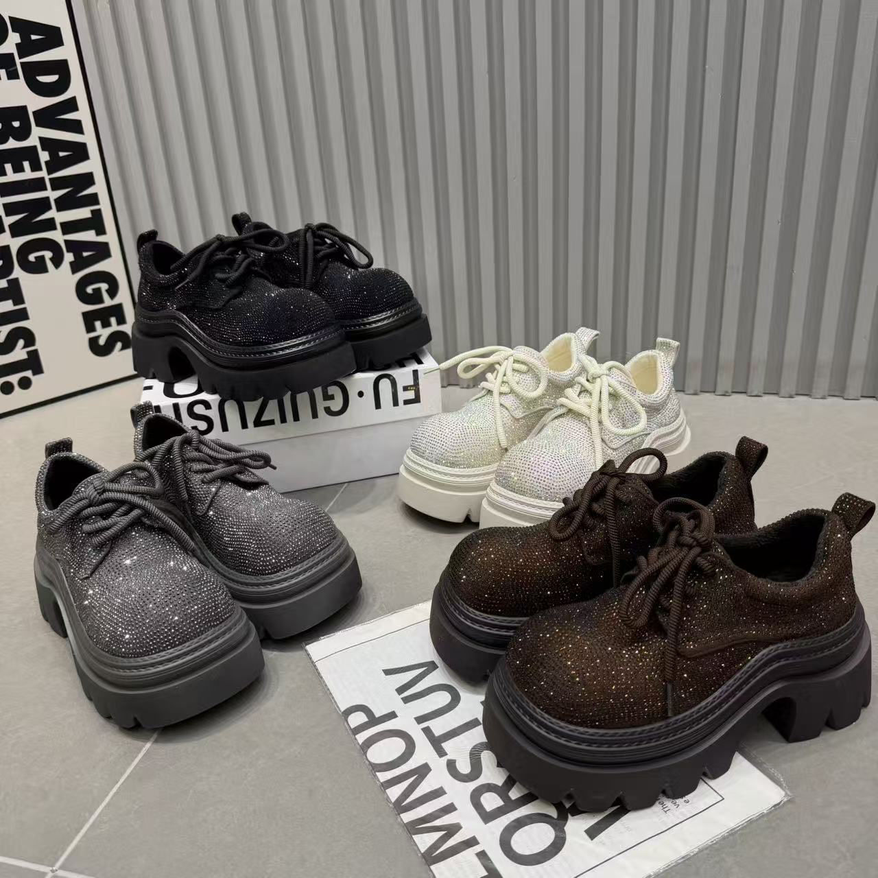 2025新款满钻厚底乐福鞋女百搭休闲增高松糕鞋