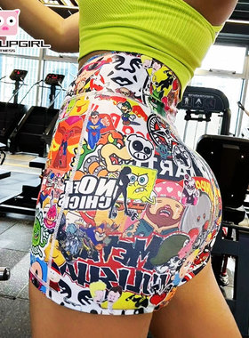 ToneUpGirl卡通涂鸦运动锻炼弹力瑜伽裤高腰三分提臀紧身短裤女生