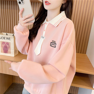 翻领polo衫卫衣女秋冬韩版宽松大码女装加绒加厚学生百搭上衣外套