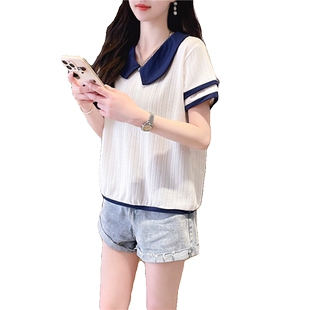 设计感小众正肩t恤女短袖夏韩版宽松大码女装娃娃领短款百搭上衣