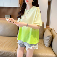 大码女装渐变色短袖t恤女夏季韩版宽松设计感小众拼色百搭上衣服