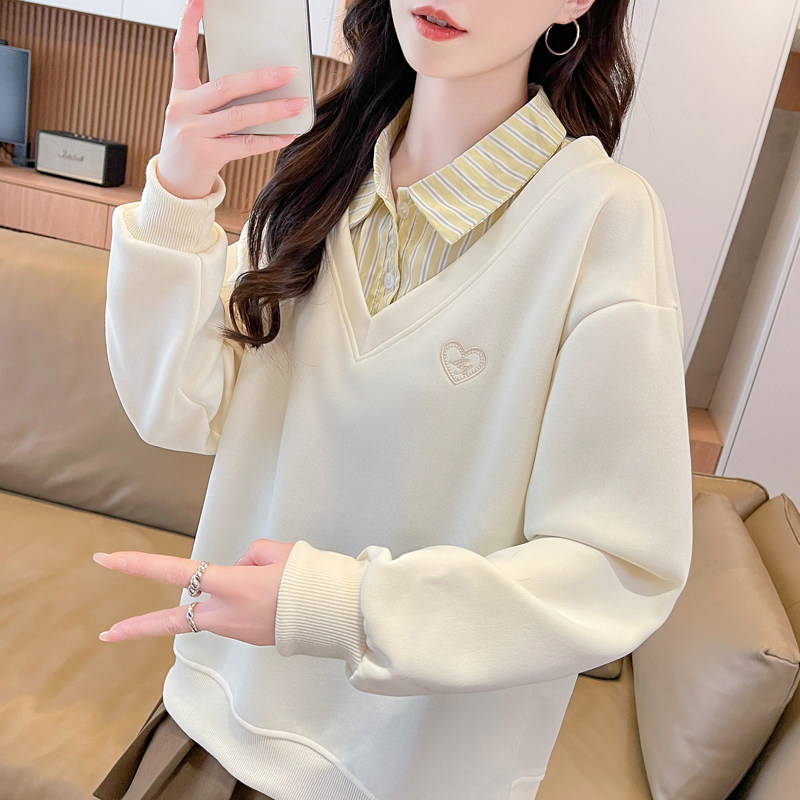 设计感小众假两件polo领卫衣女潮图片