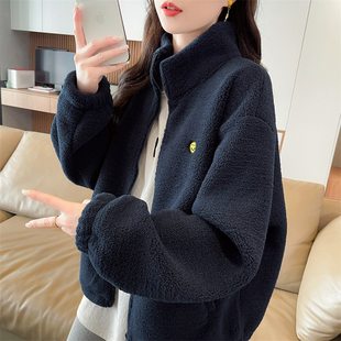 小个子羊羔绒外套女2025新款秋冬韩版宽松保暖加厚半高领开衫卫衣