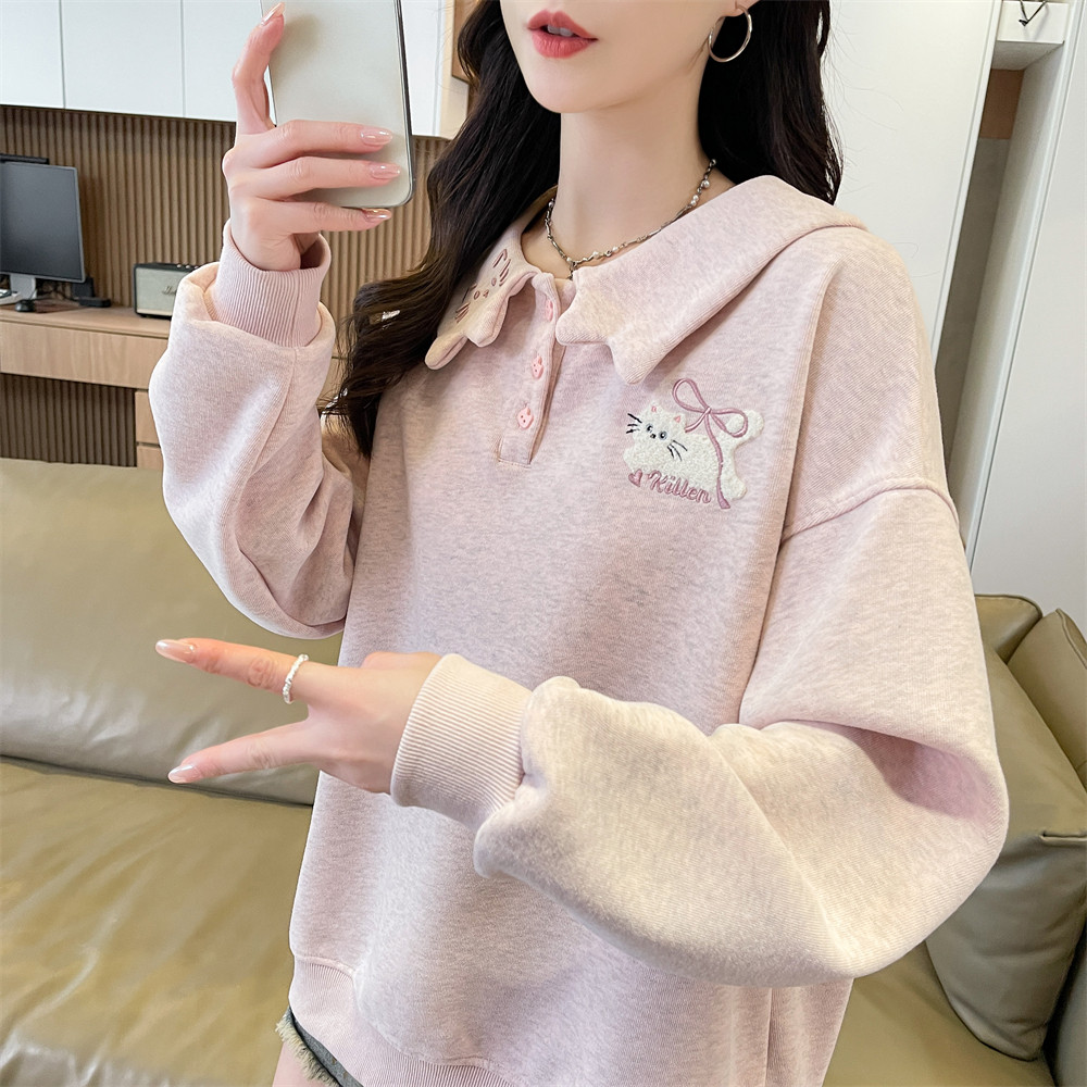 可爱小猫咪刺绣娃娃领卫衣女2026新款秋冬加绒加厚学院风百搭外套