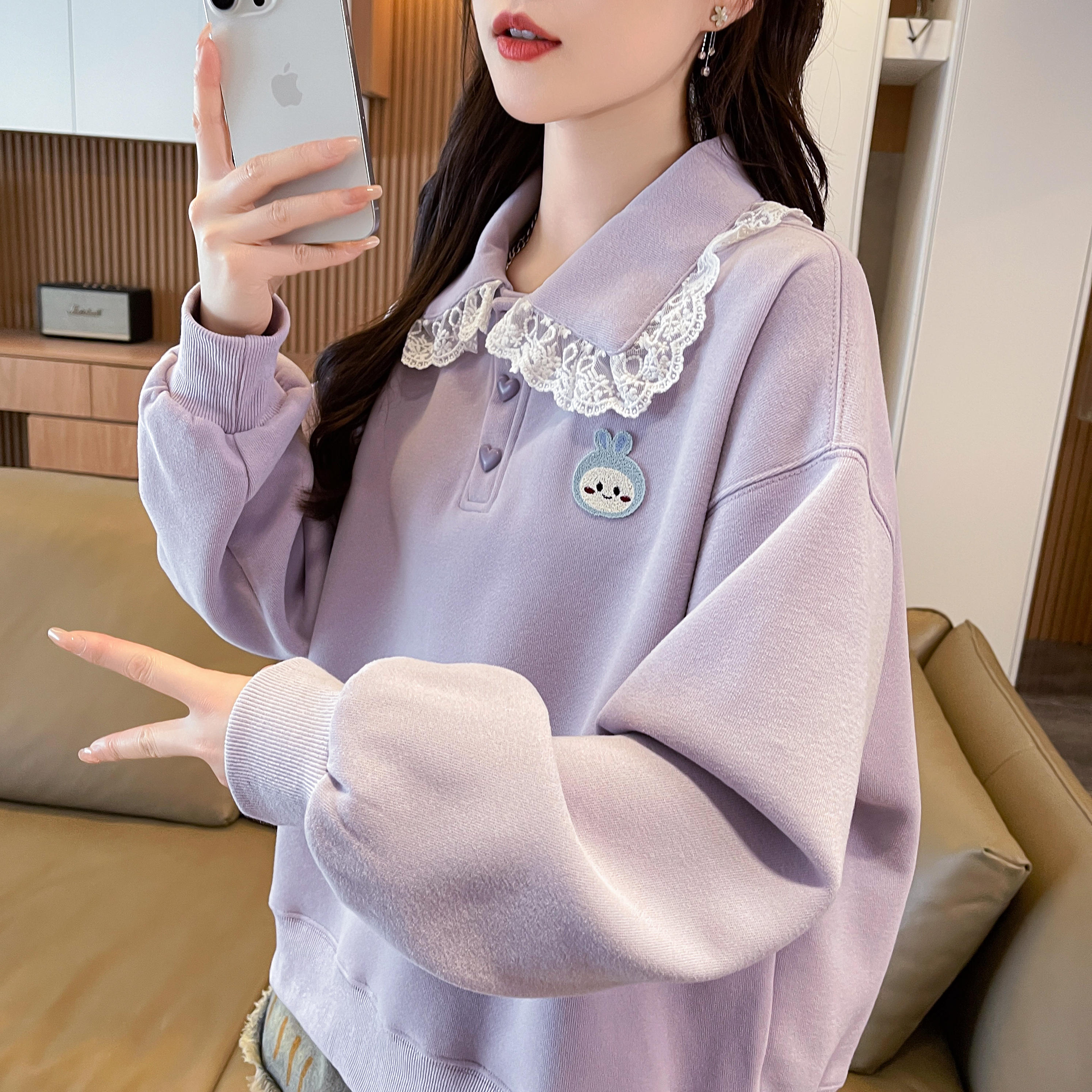 小个子设计感蕾丝polo领卫衣女潮