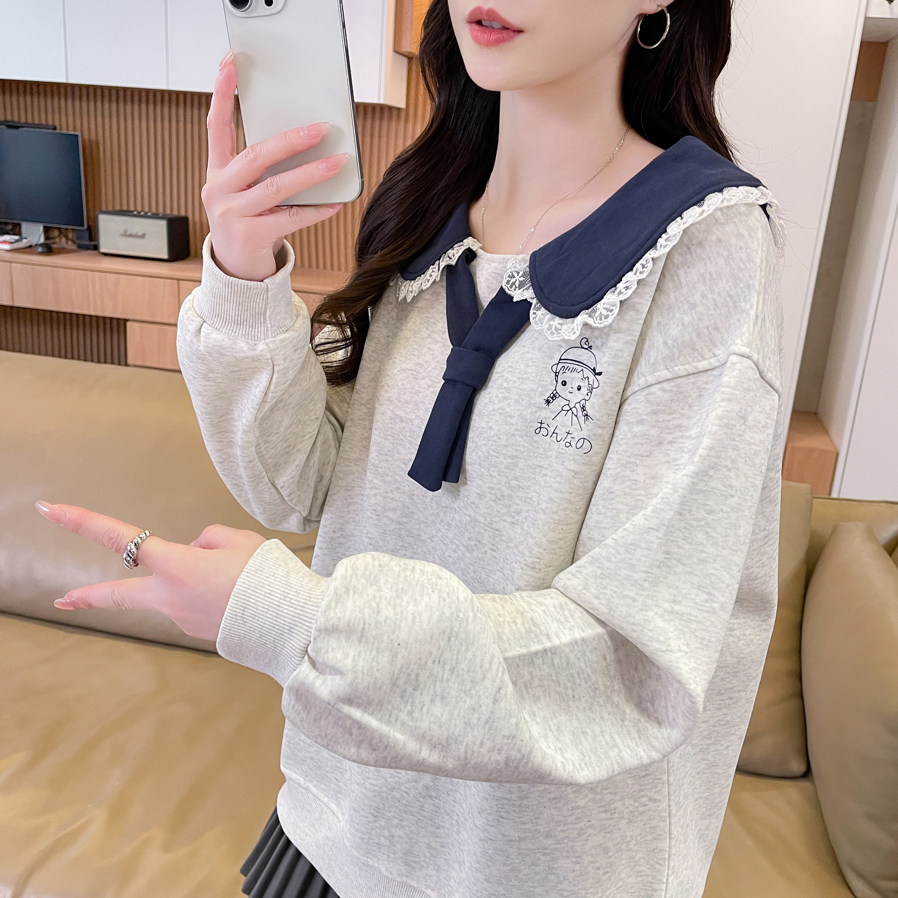 撞色polo衫卫衣女秋季2026新款宽松初中生娃娃领蕾丝花边上衣外套
