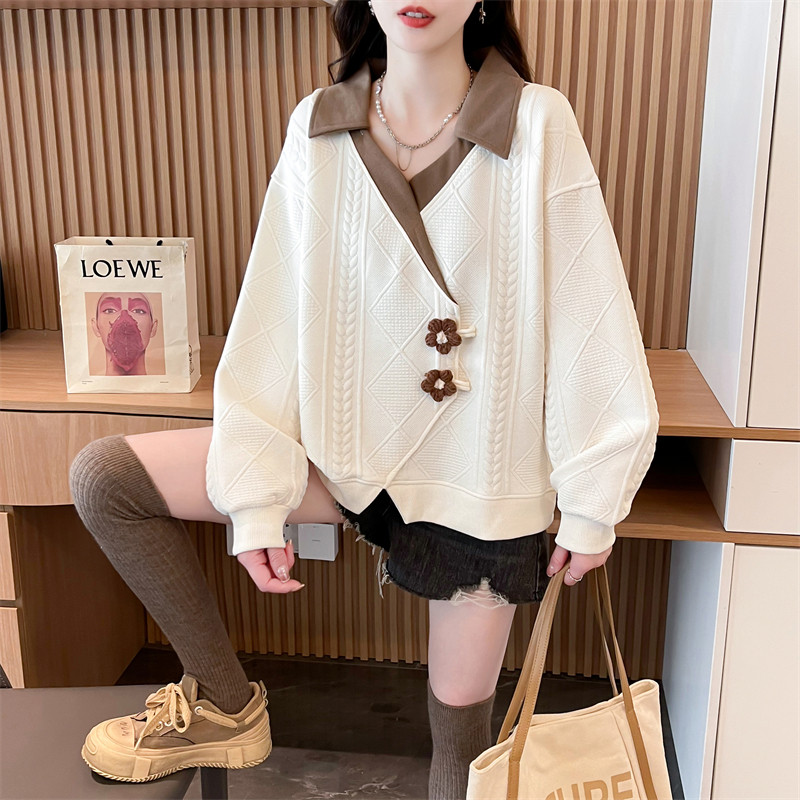 设计感小众翻领polo衫卫衣女春秋韩版宽松薄款撞色不规则上衣外套