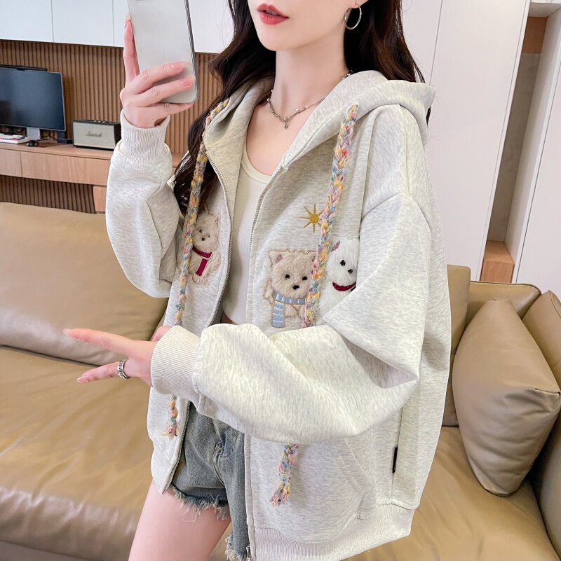 设计感刺绣开衫连帽卫衣外套女潮