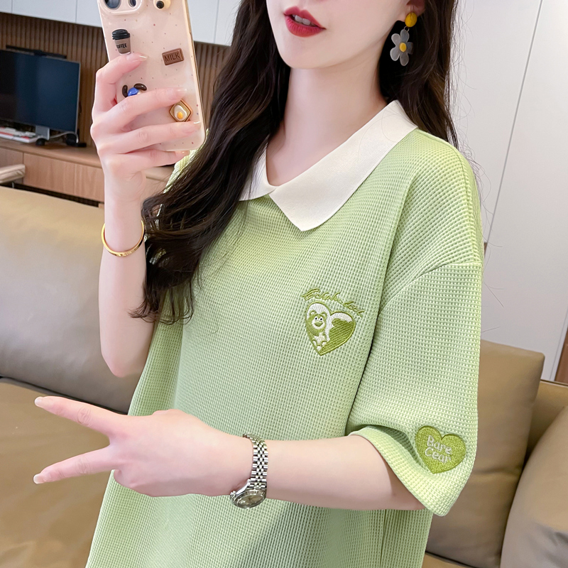假两件polo领短袖t恤女夏季韩版宽松大码女装华夫格百搭半袖上衣