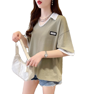 小众设计感polo衫短袖t恤女夏装2026新款韩版宽松大码v领半袖上衣