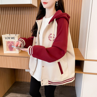小个子红色棒球服外套女秋冬季韩版宽松大码加绒加厚撞色连帽卫衣