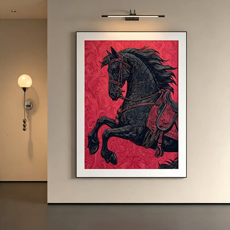 马到成功寓意好玄关装饰画砂岩肌理画高档壁画简约客厅背景墙挂画