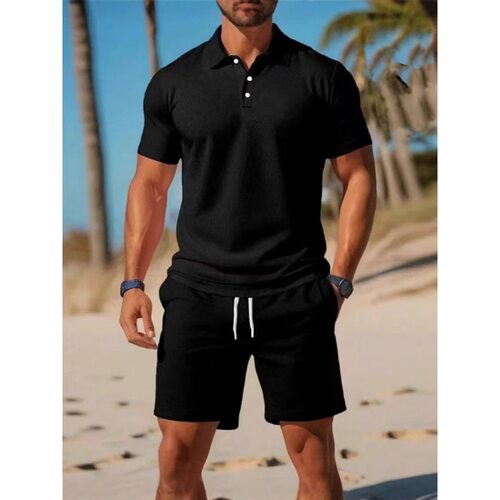 翻领纽扣上衣短裤休闲套装Flip collar buttontopshortscasualset