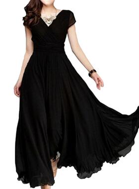 V-neck short-sleeved waist-length evening dressV领收腰连衣裙