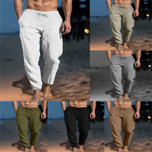 系绳透气棉麻长裤男 Lace up breathable cotton and linen pants
