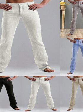 Solid linen straight zippered loosepants纯色亚麻拉链宽松长裤