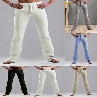Solid linen straight zippered loosepants纯色亚麻拉链宽松长裤