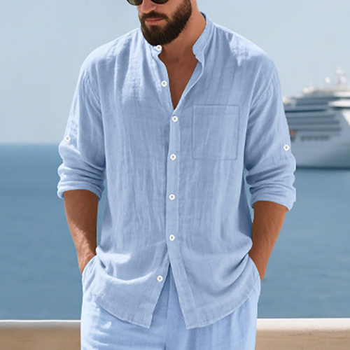 立领纽扣男士衬衫上衣Men's standing collar button up shirttop