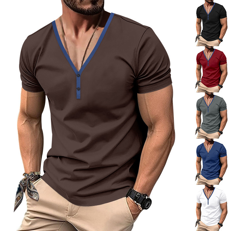 Casual V-neck slim fit short sleeved top  休闲V领撞色上衣男