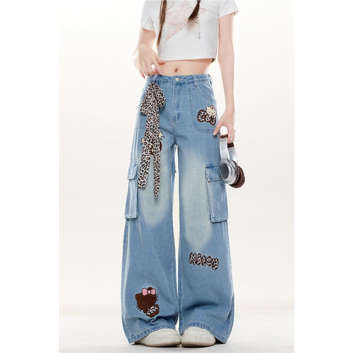 cuwu豹纹Kitty猫工装牛仔裤女男秋季潮牌直筒裤水洗多口袋阔腿裤