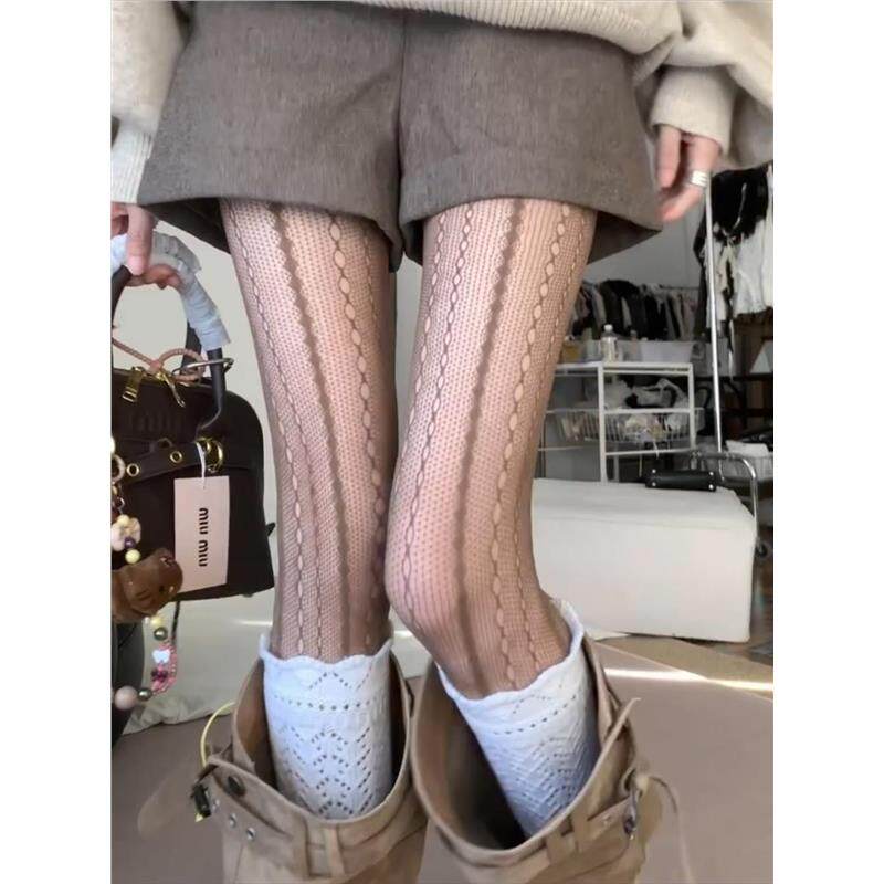秋天网格性感咖棕色连裤丝袜美拉德镂空ins个性竖条蕾丝打底丝袜