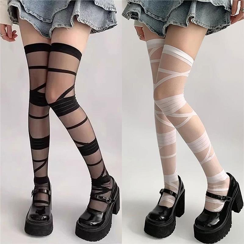 jk纯欲交叉绑带日系性感过膝袜子女百搭亚文化长筒袜Lolita白丝袜