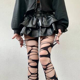 绷带黑丝y2k袜子亚文化性感朋克风破洞渔网袜裤长筒袜黑色丝袜女