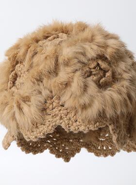 秋冬保暖手工钩针白色皮草针织女韩版可爱镂空花朵包头帽