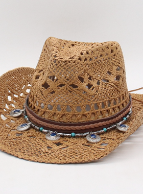 欧美时尚牛仔透气翘边草帽春夏礼帽新款编织清凉镂空美式爵士帽