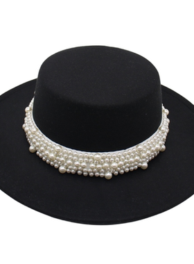 黑色法式礼帽大檐珍珠爵士帽赫本风防晒毡帽洋气模特遮阳帽复古风